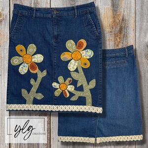 Sonoma Denim Pencil Jean Skirt Flower Applique Boho Crochet Trim Womens 8